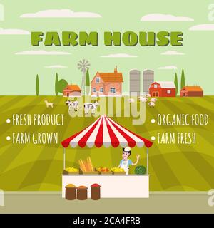 Farm House Farmer Women Sell Harvest Products Grocery On Eco Farm Organic. House and farm buildings. Vector isolated carton style poster banner Stock Vector