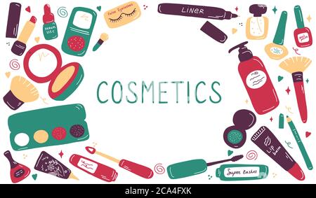 Cute doodle frame with cosmetics and accessoires. Hand drawn images blush mascara eyeshadow powder cream foundation brush. Sketch makeup tools and Stock Vector