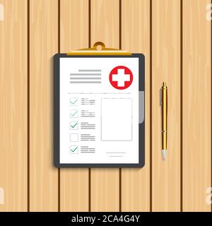 Clipboard with medical cross and gold pen. Clinical record, prescription, claim, medical check marks report, health insurance concepts. Stock Vector
