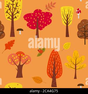Seamless tree pattern forest woodland with leaves and mushrooms illustration in trendy cartoon flat style Stock Vector