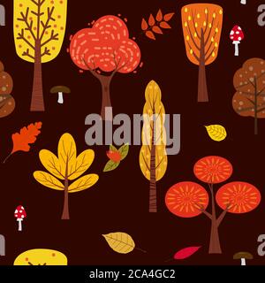 Seamless tree pattern forest woodland with leaves and mushrooms illustration in trendy cartoon flat style Stock Vector