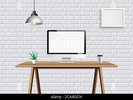 Realistic vector office creative space with display on desk table. Mockup workspace background with front view computer desktop and frame on wall. Stock Vector