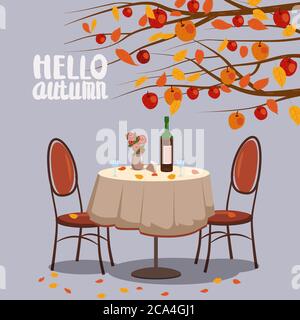 Hello Autumn cafe table with wine for two persons autumn branches of falling leaves foliage, chairs flowers in park romantic mood. Isolated Stock Vector