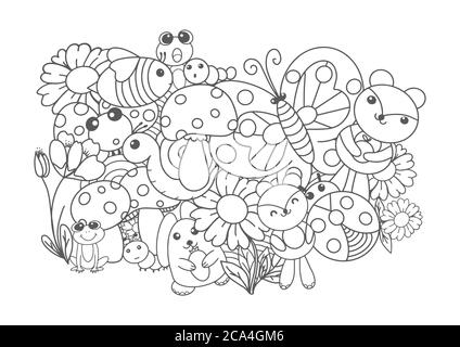 Vector linear drawing, set of cute children's illustrations. Animals, beer, frog, worm, butterfly, bee, snail, ladybug, rabbit. Stock Vector