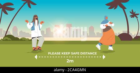 arab people keeping 2 meters distance to prevent coronavirus pandemic social distancing concept arabic man woman relaxing in urban park cityscape horizontal full length vector illustration Stock Vector