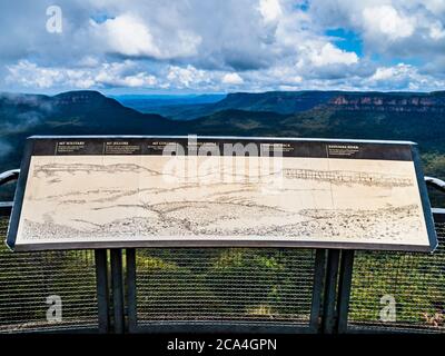 Map pointing out the major views across the Jamison Valley from Echo Point, Blue Mountains National Park, Katoomba, New South Wales, Australia Stock Photo