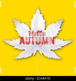 Hello Autumn fall leaf white monochrome. Autumn maple leaf isolated. Vector illustration Stock Vector