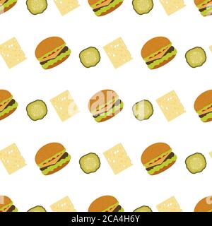 Vector seamless pattern Illustration burger. Street lunch American Takeaway Fast food. Delicious sandwich. Concept for cafe, bistro, burgers restauran Stock Vector