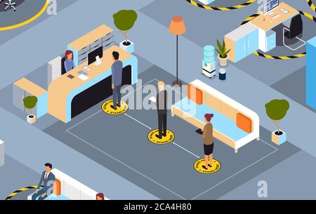 businesspeople keeping distance to prevent coronavirus pandemic social distancing concept business people standing line queue at reception desk horizontal full length isometric vector illustration Stock Vector
