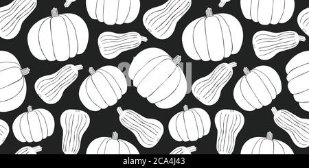 Hand drawn vector pumpkin seamless pattern. Organic cartoon fresh vegetable illustration. Cute vegetable botanical background. Stock Vector