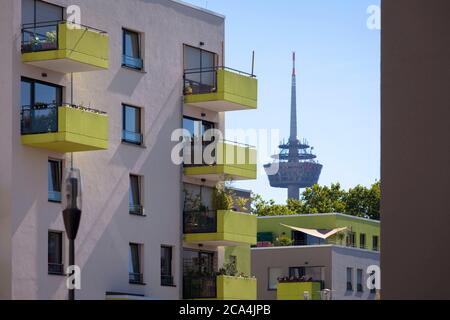 the Kubikon quarter of the GAG Immobilien AG in the Ehrenfeld district of Cologne, television tower Colonius, Germany.  das Stadtquartier Kubikon der Stock Photo