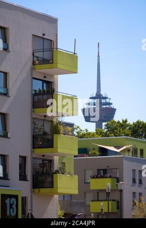 the Kubikon quarter of the GAG Immobilien AG in the Ehrenfeld district of Cologne, television tower Colonius, Germany.  das Stadtquartier Kubikon der Stock Photo