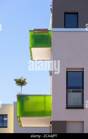 balconies of a building in the Kubikon quarter of the GAG Immobilien AG in the Ehrenfeld district of Cologne, Germany.  Balkone eines Hauses im Stadtq Stock Photo