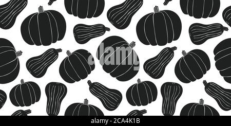 Hand drawn vector pumpkin seamless pattern. Organic cartoon fresh vegetable illustration. Cute vegetable botanical background. Stock Vector