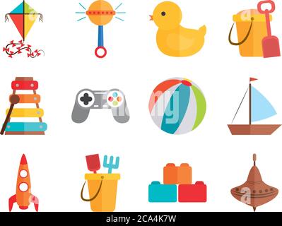 cartoon toy kite rattle duck ball boat rocket, object for small children to play, flat style icons set vector illustration Stock Vector