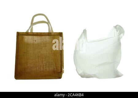 fabric and plastic bag optional for environment concern on white background Stock Photo