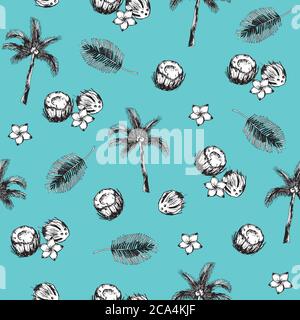 Seamless vector pattern with coconuts, palm trees, leaves on a blue background. Tropical abstract background in retro style. Easy to use for backdrop Stock Vector