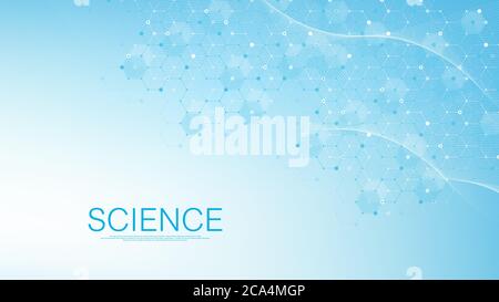 Molecular structure background. Science template wallpaper or banner with a DNA molecules. Asbtract molecule background with hexagons, wave flow Stock Vector