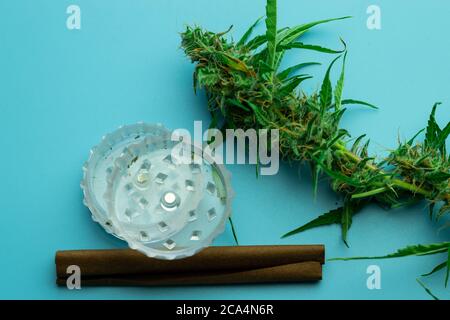 Cannabis plant and smoking accessories flat lay top view, medical marijuana use concept Stock Photo
