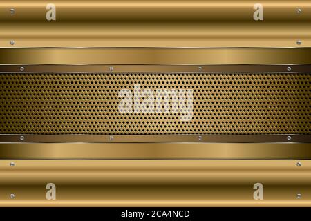 Metallic background.Gold and silver with screws on perforated texture. Luxury golden metal modern design. Stock Vector
