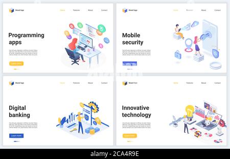 Isometric innovative banking app digital technology vector illustrations. Cartoon 3d mobile webpage design banner set for security finance service, innovations in coding, programming bank application Stock Vector