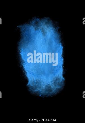 Freeze motion of blue powder exploding, isolated on black. Abstract design of white dust cloud. Particles explosion screen saver, wallpaper with copy Stock Photo