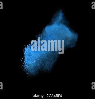 Freeze motion of blue powder exploding, isolated on black. Abstract design of white dust cloud. Particles explosion screen saver, wallpaper with copy Stock Photo