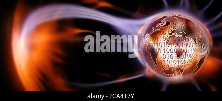 Light falling on a globe covered with binary digits Stock Photo