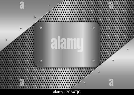 Metallic background. Metal plate with screws on perforated texture technology concept. Stock Vector