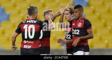 Rio de Janeiro, Brazil- June 18, 2020  Former Flamengo soccer players celebrates a goal during the reoppening of the Carioca Championship at Maracana Stock Photo