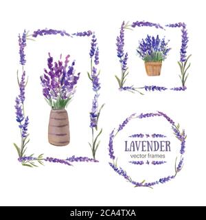 Vector illustration. Frames made up of lavender branches. Rectangular, round and square frames Stock Vector