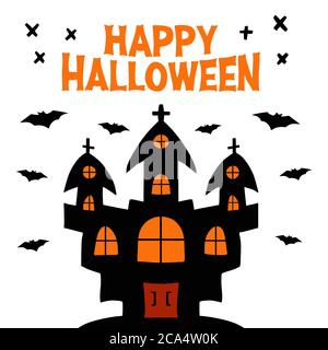 Witch castle with flying bats. Happy Halloween lettering and doodle black cross elements. Holiday greeting card. Isolated on white background. Vector Stock Vector
