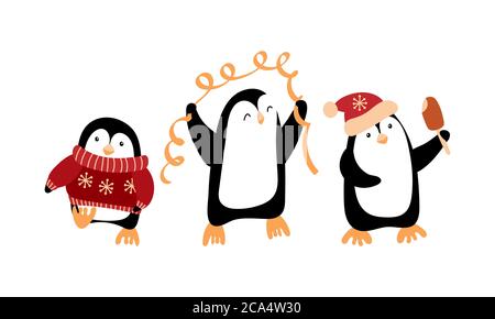 Cute cartoon penguins celebrating Christmas. Funny characters isolated on white background. Vector illustration. Stock Vector