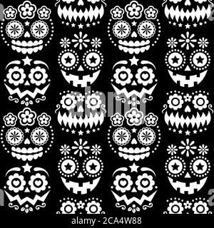 Halloween and Dia de los Muertos skulls and pumpkin faces vector seamless pattern - Mexican sugar skull style monochrome texile design Stock Vector