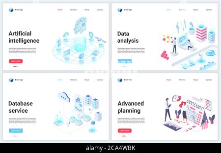 Isometric artificial intelligence digital technology vector illustration. Cartoon 3d mobile website design concept banner set for ai tech database services of advanced planning, cloud data analysis Stock Vector