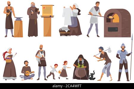 Medieval people vector illustration set. Cartoon flat historical middle ages characters collection with peasant family, blacksmith and priest, laundress, beggar in historic costumes isolated on white Stock Vector