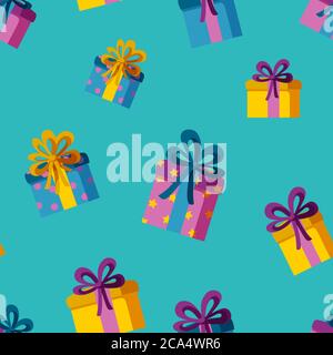 Presents in seamless pattern. Pattern for wraping paper, backgrounds, wallpapers, textile and fabric. Flat vector illustration in turquoise background Stock Vector