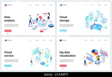 Isometric digital technology of big data analysis vector illustrations. Cartoon 3d mobile website design, concept banner set for database cloud storage services, analyzing and storing tech information Stock Vector