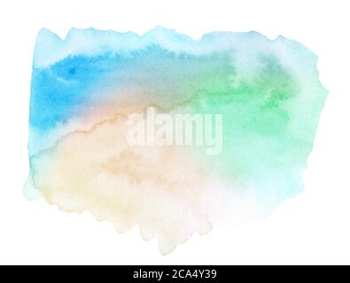 Multicolored watercolor spots in pastel colors on a paper backing. Isolated frame hand drawn by brush. Abstract unique original background. Stock Photo