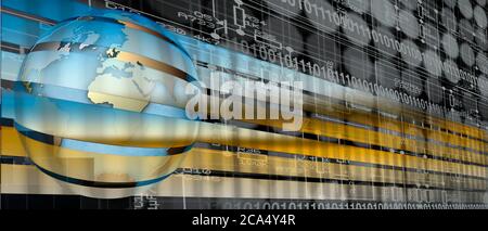 Digital representation of the Earth with grid lines and binary digits Stock Photo