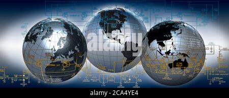 Three globes with electronic diagram Stock Photo