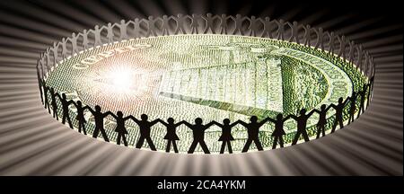 People in circle around money Stock Photo