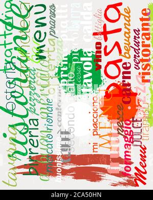 menu card design template for restaurant, free copy space, with strokes and splashes, in italian language Stock Vector