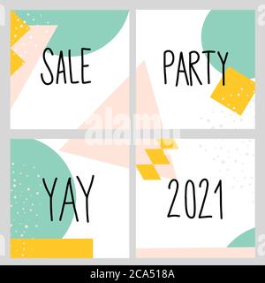 Set of four abstract square backgrounds. Hand drawn various shapes and doodle objects. Contemporary modern trendy vector illustrations. Every Stock Vector