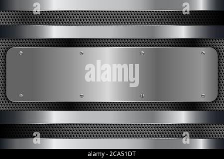Metallic background. Metal plate with screws on perforated texture technology concept. Stock Vector