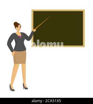School teacher woman in classroom near blackboard. Young female teacher with pointer, showing on chalkboard. Professor standing in front of blackboard Stock Vector