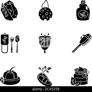 Zero waste products black glyph icons set on white space. Sustainable and environmentally safe lifestyle silhouette symbols. Eco food, cosmetics and h Stock Vector