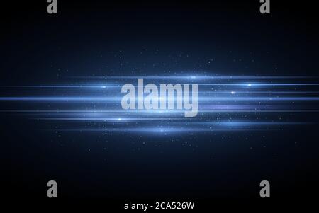 Horizontal blue light effect made of blue glowing neon lines. Futuristic scanner effect with sparkles particles. Stylish footage for your project. Vec Stock Vector