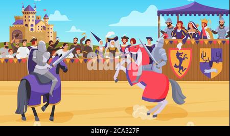 Medieval knight joust battle vector illustration. Cartoon flat horseman hero knight characters jousting with swords and shields on royal battlefield tournament, with king queen on tribune background Stock Vector