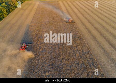 Aerial view of combine-harvesters harvesting in field, Marion Co, . Illinois, USA Stock Photo